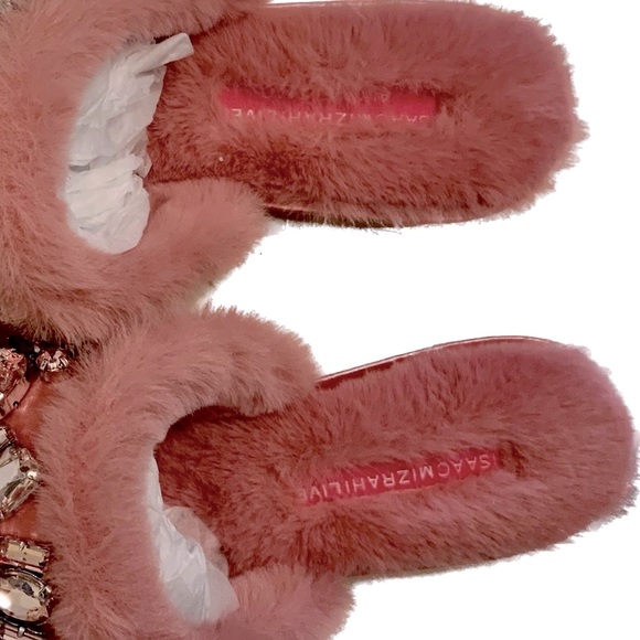 ISAAC MIRAHI Pink SATEEN Mules Sz 8 FAUX FUR & RHINESTONES - Picture 12 of 13